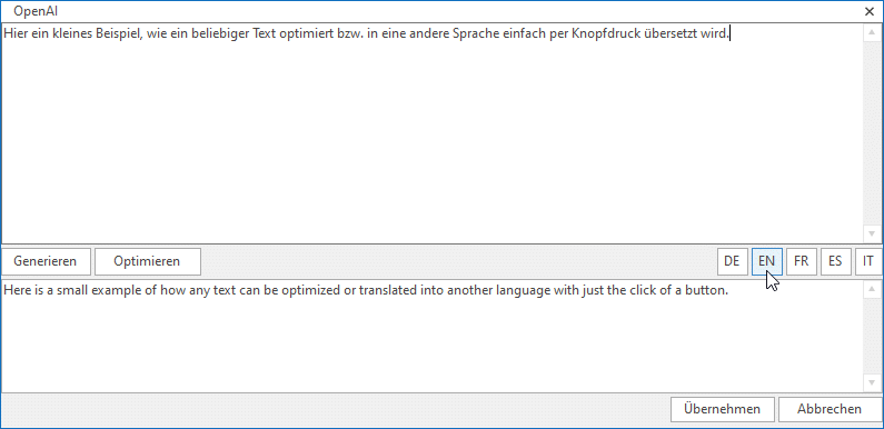 Das ChatGPT-Fenster in mexXsoft X2 mit vordefinierten Funktionen